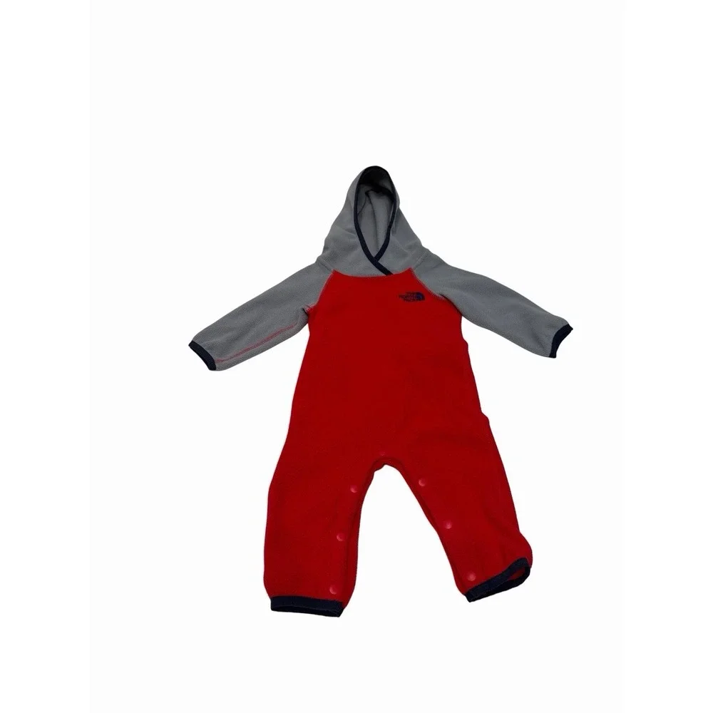 The North Face Unisex Toddler One Piece Logo Red Grey Fleece Romper 3-6 Month